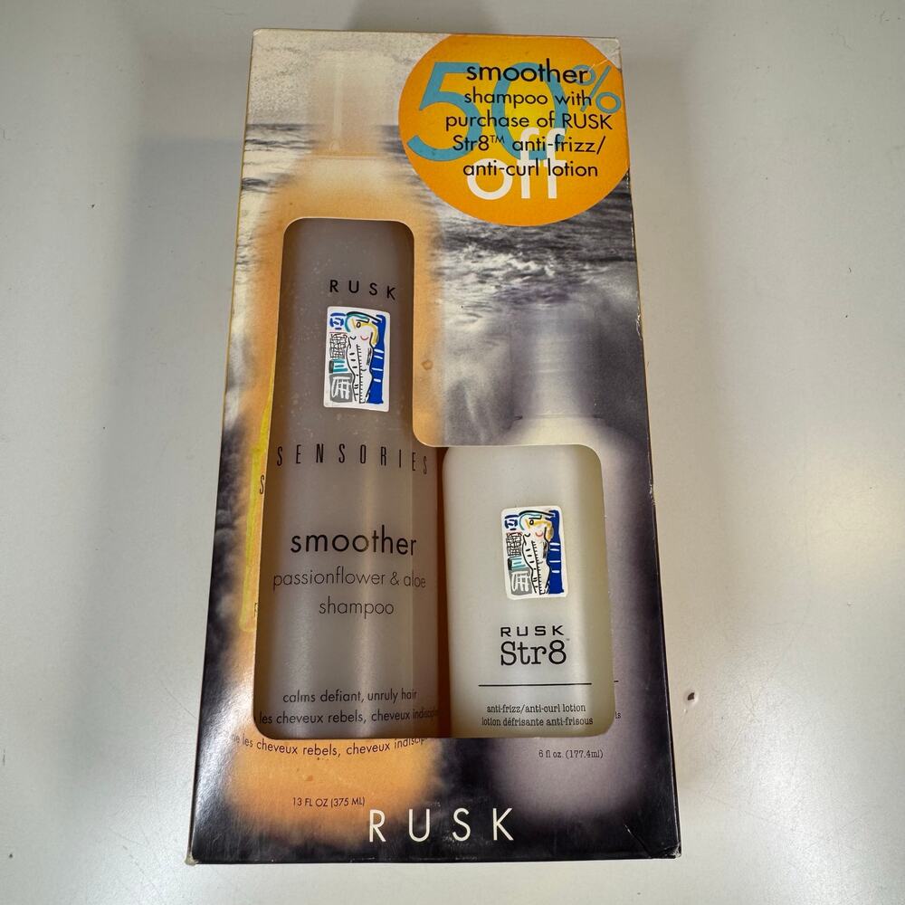 Rusk Sensories Smoother Shampoo & Str8 Anti-Frizz Lotion Set NIB 13oz+6oz